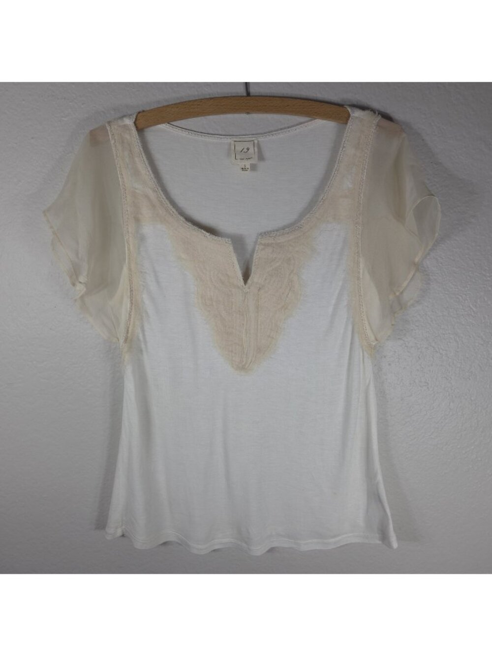 One September Anthropologie Cream Silk Top Blouse Size S Sheer Flutter Sleeve